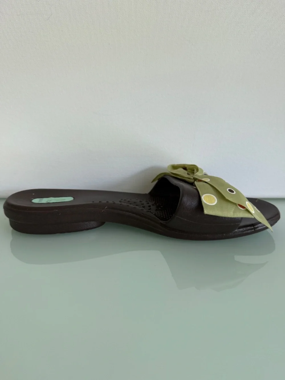 Okabashi Brown Slide Sandals Green Bow Polka Dot Open Toe Slip On Size M